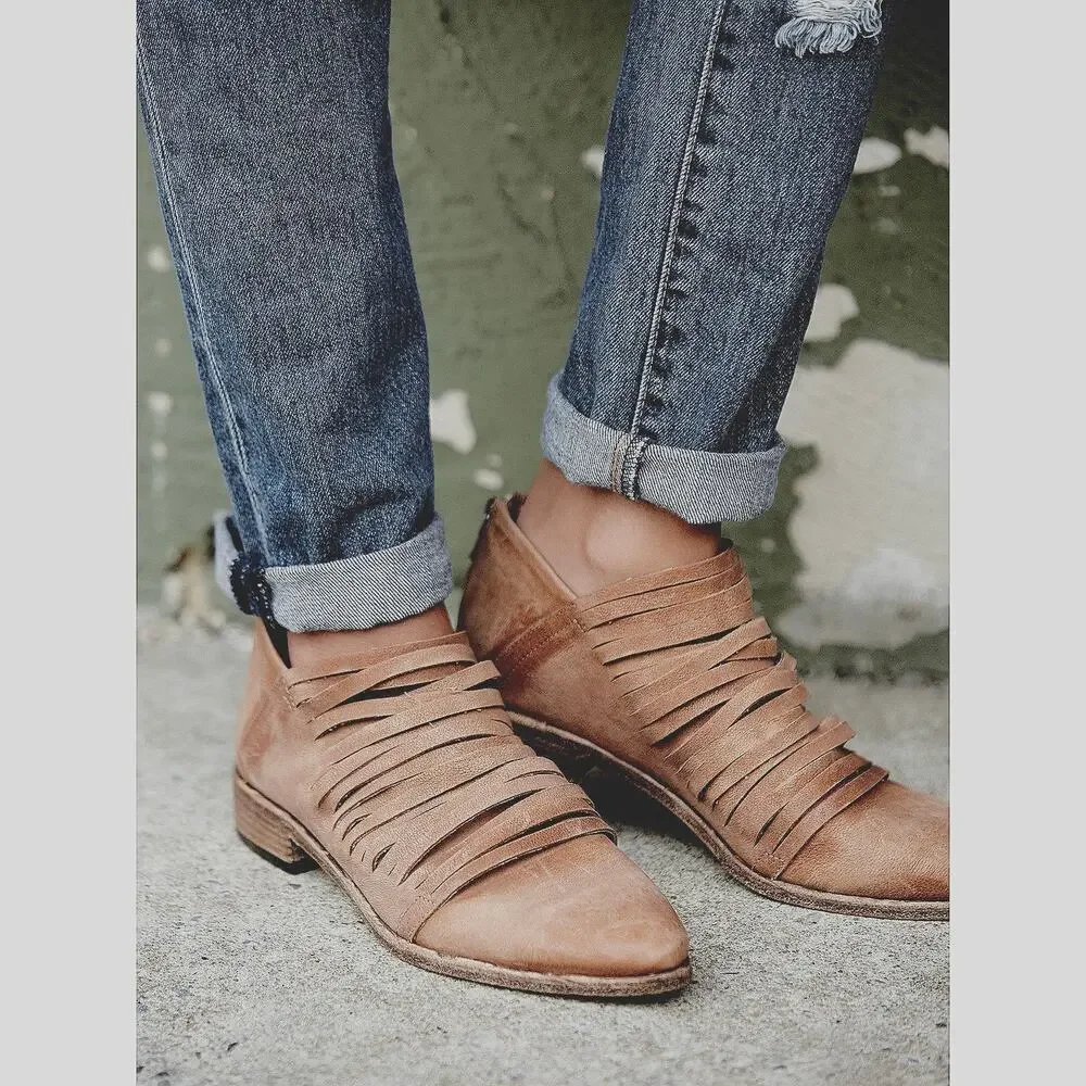 Free People Lost Valley Tan Leather Distressed Ankle Boot Bootie Size EU 38